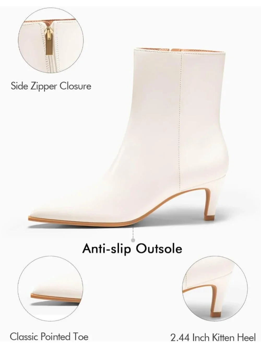 Women Cream White Pu Kitten Heel Faux Leather Pointed Toe Side Zipper Ankle Boot